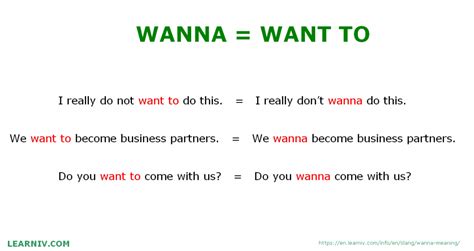 Wanna wanna - Wanna and gonna are frequently used in speech in informal colloquial English, particularly American English, instead of ‘want to’ and ‘going to’. You will also see them used in writing in quotes of direct speech to show the conversational pronunciation of …